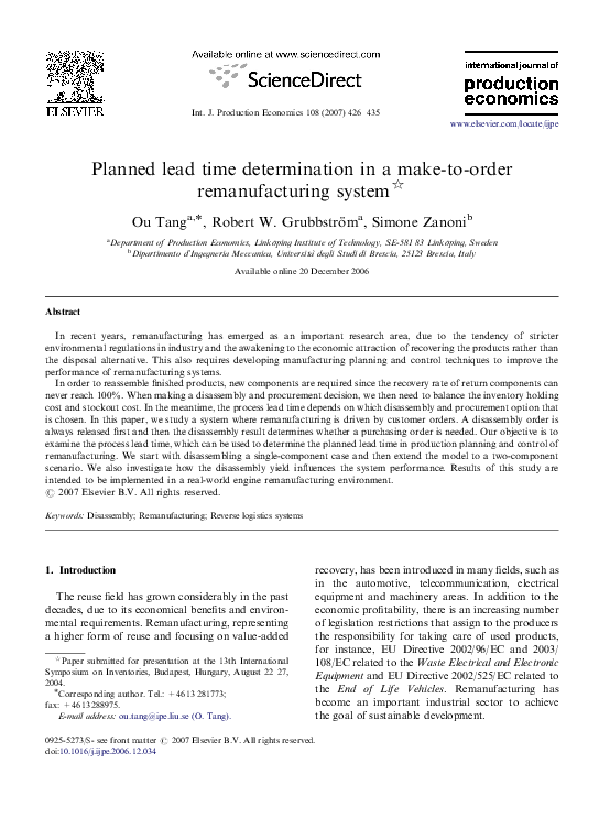 (PDF) Planned lead time determination in a make-to-order ...