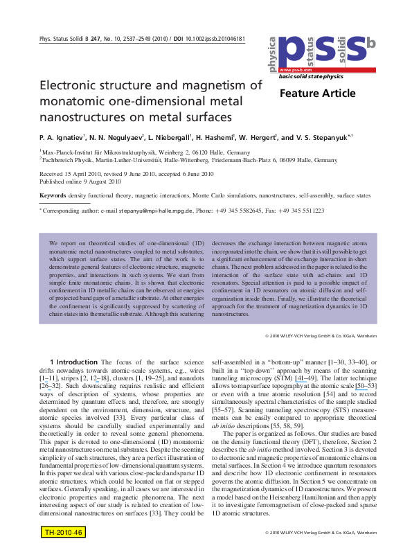 (PDF) Electronic structure and magnetism of monatomic one-dimensional ...