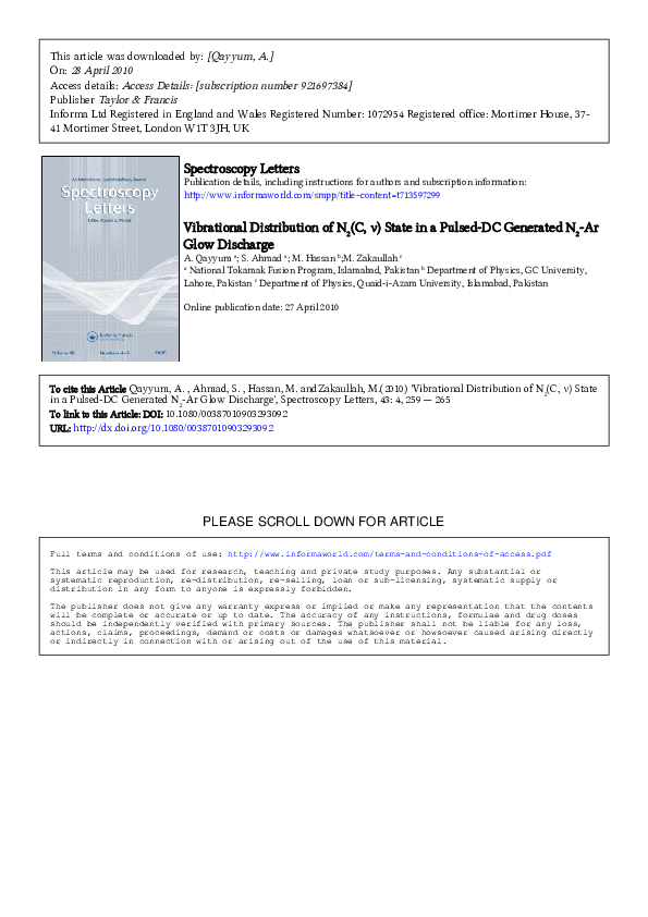 (PDF) Vibrational Distribution of N 2 (C, ν) State in a Pulsed-DC ...