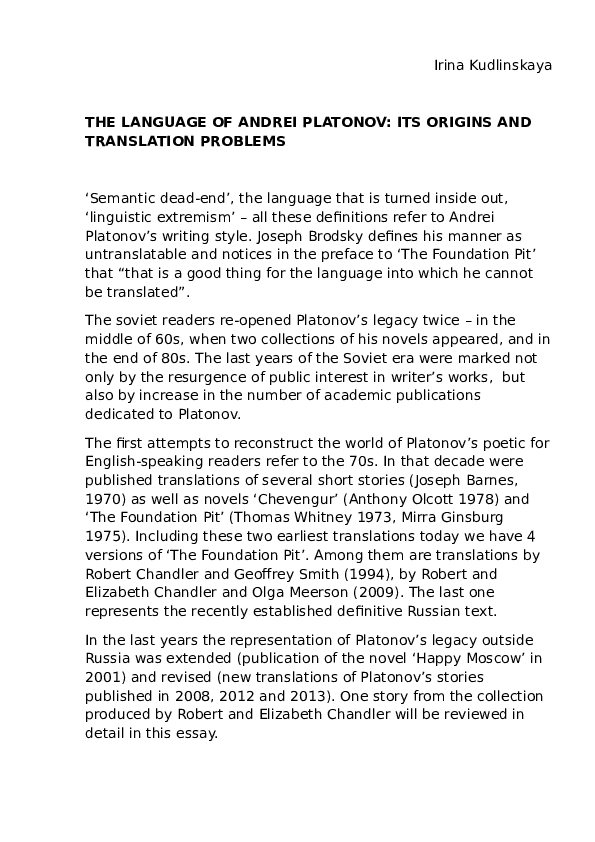 (DOC) The language of Andrei Platonov: its origins and translation problems