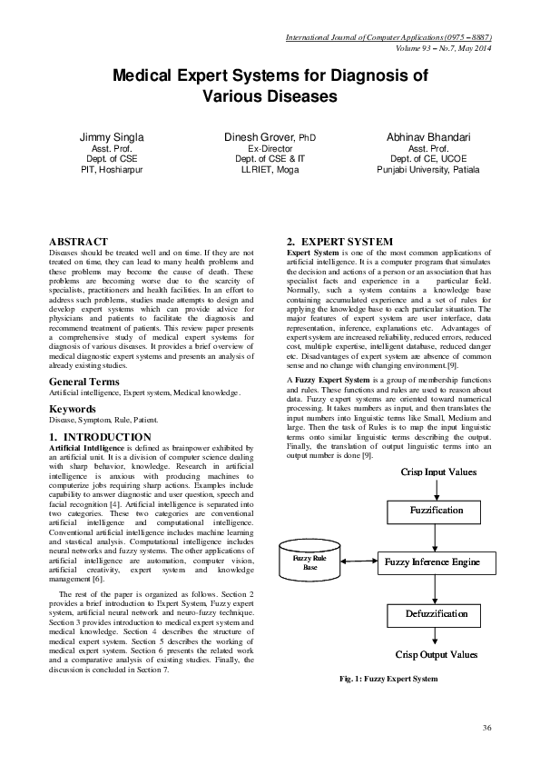 (PDF) Medical Expert Systems for Diagnosis of Various Diseases