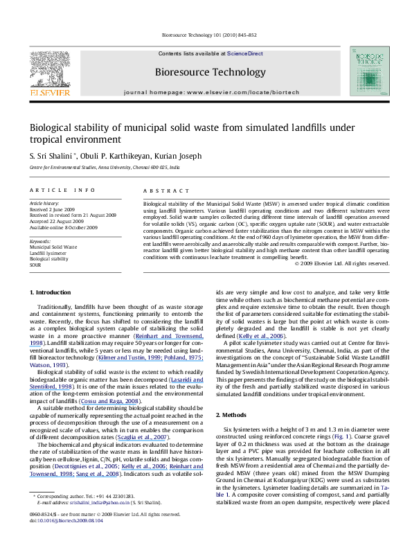 (PDF) Biological stability of municipal solid waste from simulated ...