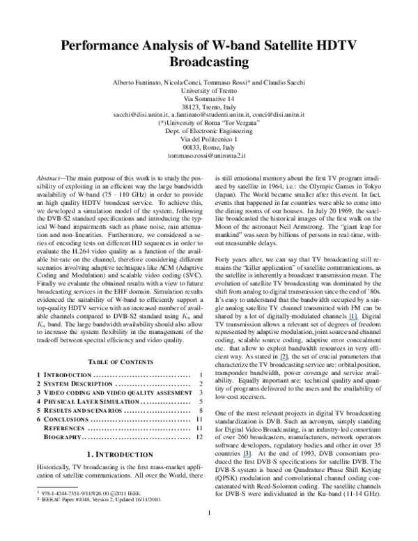 (PDF) Performance analysis of W-band satellite HDTV broadcasting