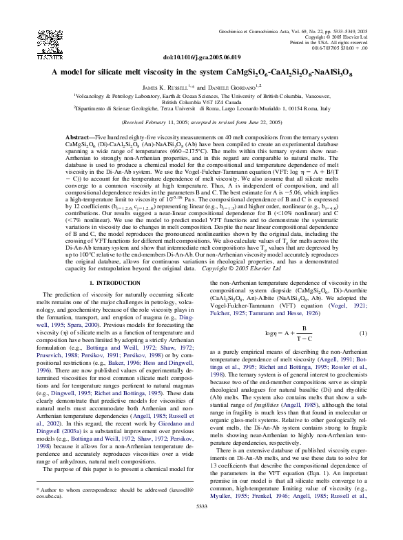 (PDF) A model for silicate melt viscosity in the system CaMgSi2O6 ...