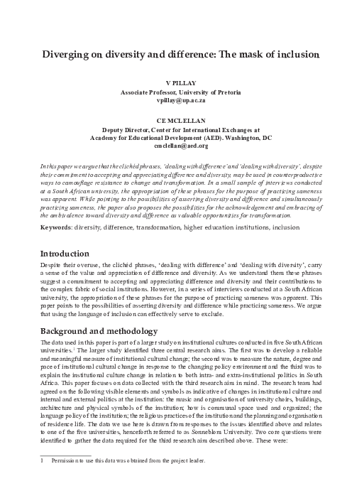 (PDF) Diverging on Diversity and Difference: The Mask of Inclusion