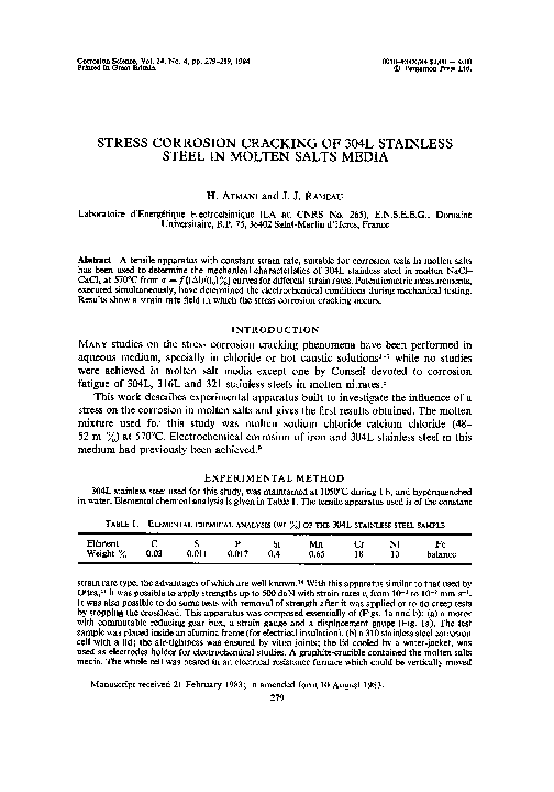 (PDF) Stress corrosion cracking of 304L stainless steel in molten salts ...