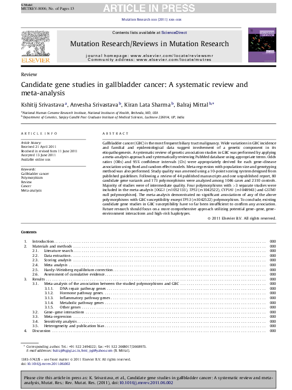 (PDF) Candidate gene studies in gallbladder cancer: A systematic review ...