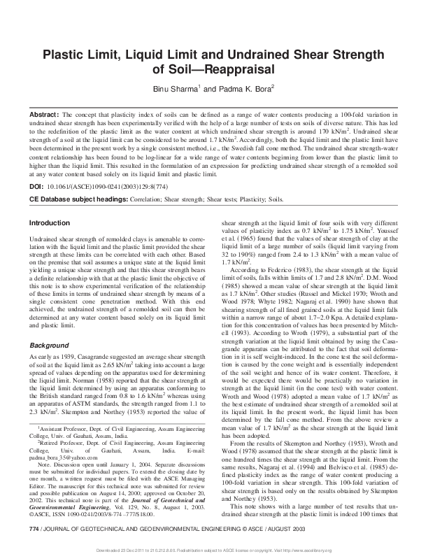 (PDF) Plastic Limit, Liquid Limit and Undrained Shear Strength of Soil ...
