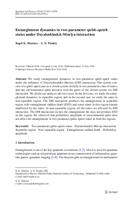 (PDF) Entanglement dynamics in two-parameter qubit–qutrit states under ...