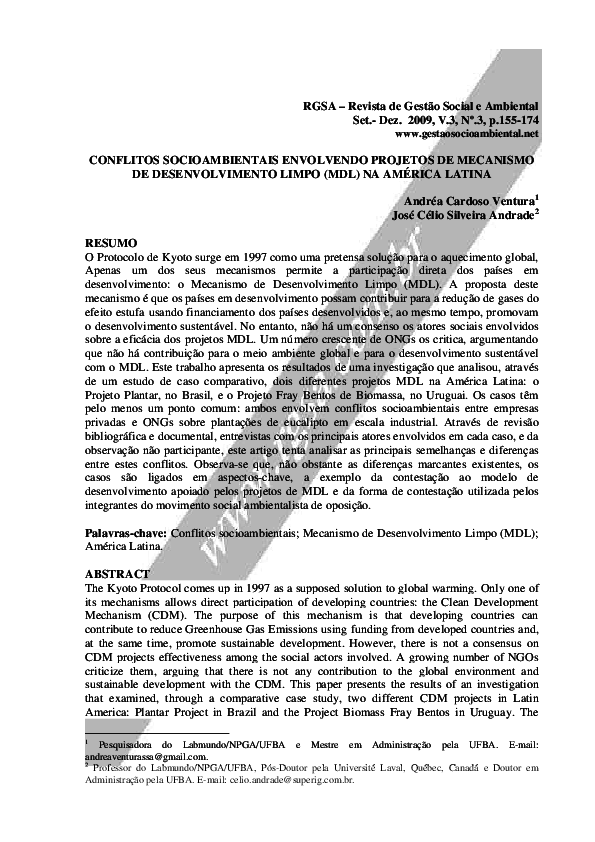 (PDF) Conflitos Socioambientais envolvendo Projetos de Mecanismo de Desenvolvimento Limpo (MDL