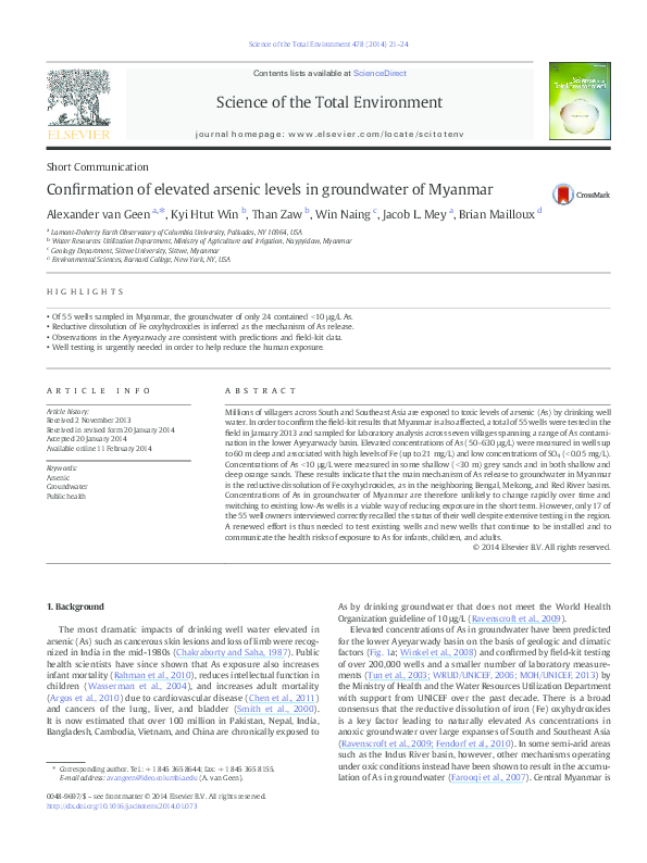 (PDF) Confirmation of elevated arsenic levels in groundwater of Myanmar