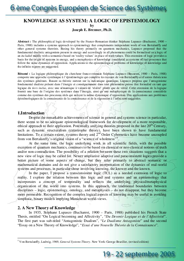 Pdf Knowledge As System A Logic Of Epistemology