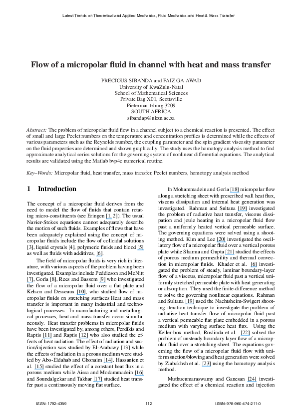 (PDF) Flow of a micropolar fluid in channel with heat and mass transfer