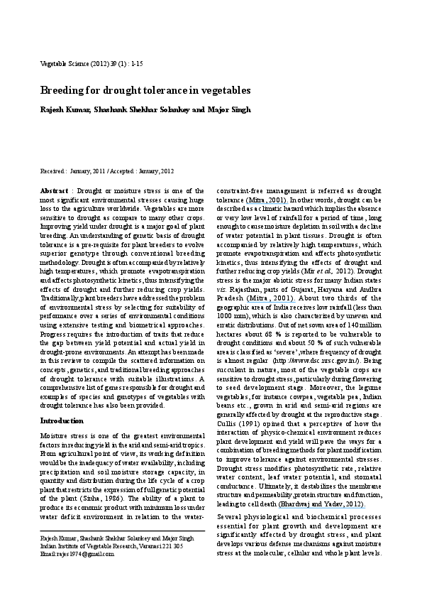 (PDF) Breeding for drought tolerance in vegetables