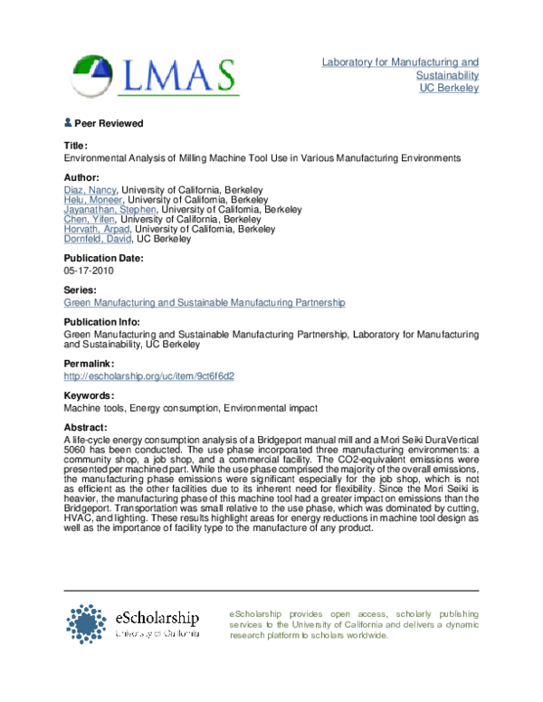(PDF) Environmental analysis of milling machine tool use in various manufacturing environments