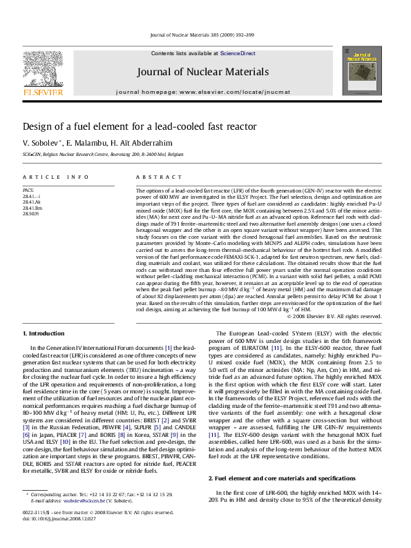 (PDF) Design of a fuel element for a lead-cooled fast reactor