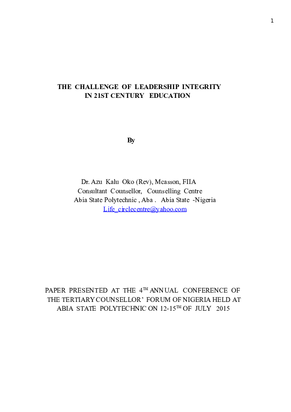 (DOC) THE CHALLENGE OF LEADERSHIP INTEGRITY IN 21ST CENTURY EDUCATION