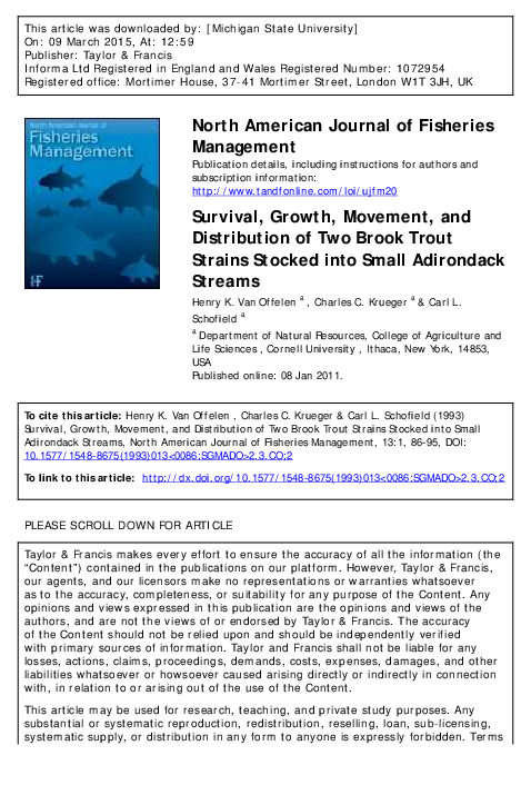 (PDF) Survival, Growth, Movement, and Distribution of Two Brook Trout ...