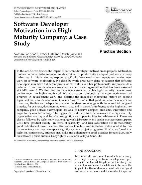 (PDF) Software developer motivation in a high maturity company: a case ...