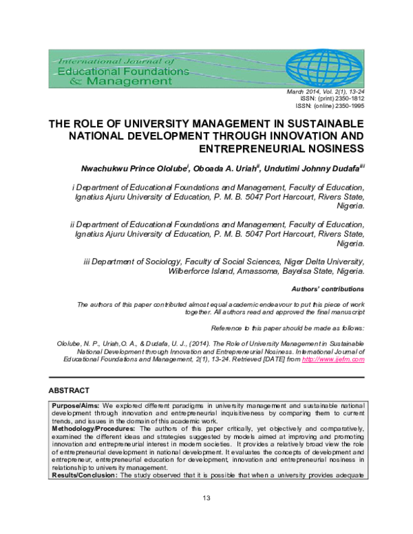 (PDF) The Role of University Management in Sustainable National ...