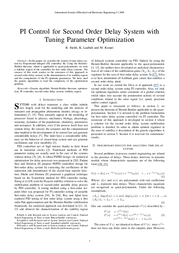 (PDF) PI Control for Second Order Delay System with Tuning Parameter ...