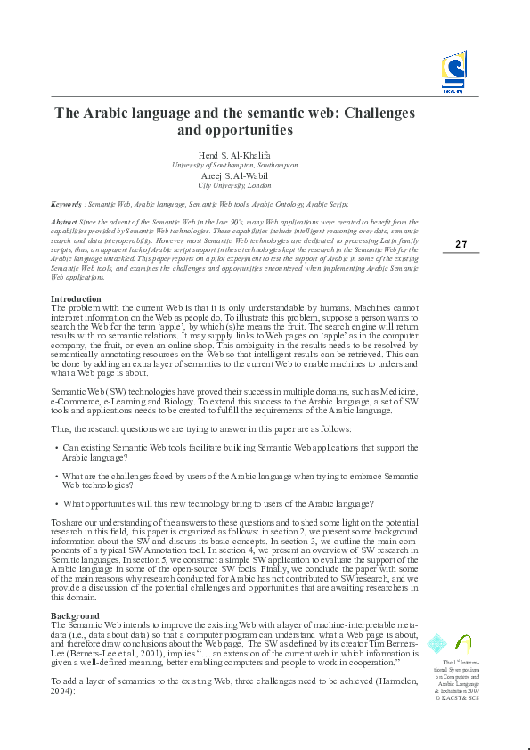 (PDF) The Arabic language and the semantic web: Challenges and ...