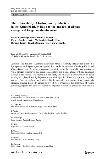 (PDF) The vulnerability of hydropower production in the Zambezi River ...