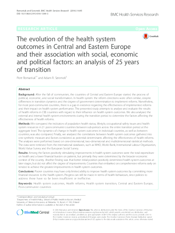 (PDF) The evolution of the health system outcomes in Central and ...