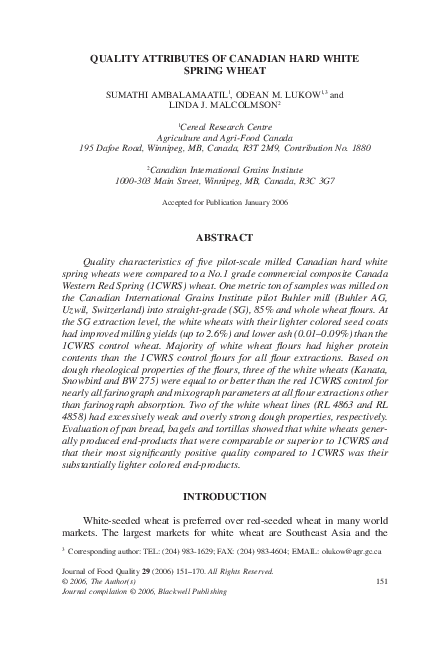 (PDF) QUALITY ATTRIBUTES OF CANADIAN HARD WHITE SPRING WHEAT