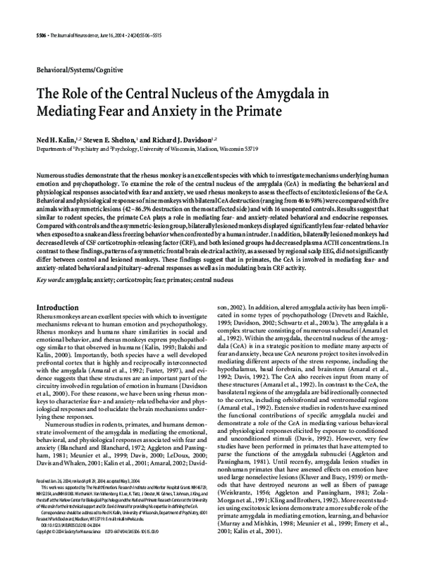 (PDF) The role of the central nucleus of the amygdala in mediating fear ...