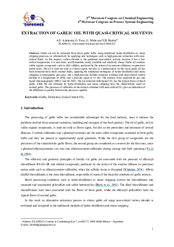 (PDF) Extraction of Garlic Oil with QuasiCritical Solvents Susana