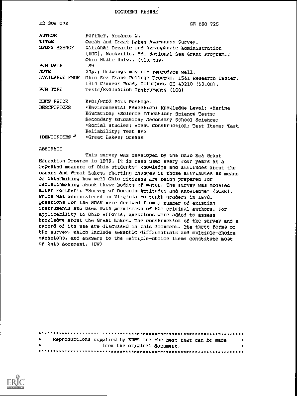 (PDF) Ocean and Great Lakes Awareness Survey Rosanne Fortner