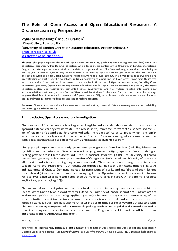 (PDF) The Role of Open Access and Open Educational Resources: A ...