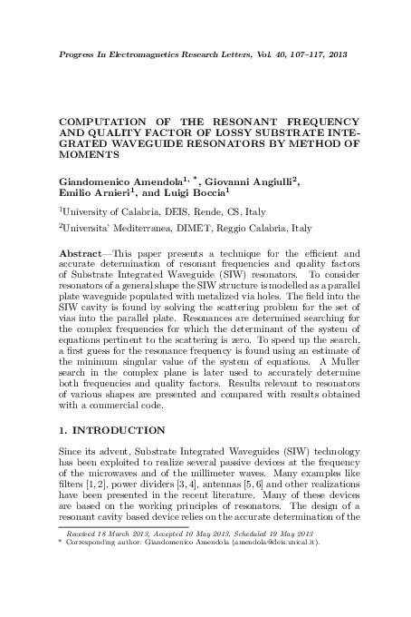 PDF) COMPUTATION OF THE RESONANT FREQUENCY AND QUALITY FACTOR OF