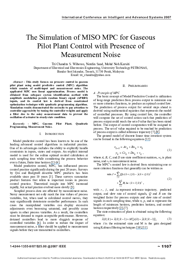 (PDF) The simulation of MISO MPC for gaseous pilot plant control with ...