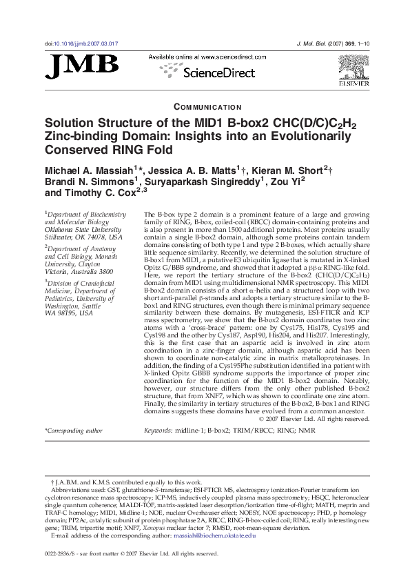 (PDF) Solution Structure of the MID1 B-box2 CHC(D/C)C2H2 Zinc-binding ...