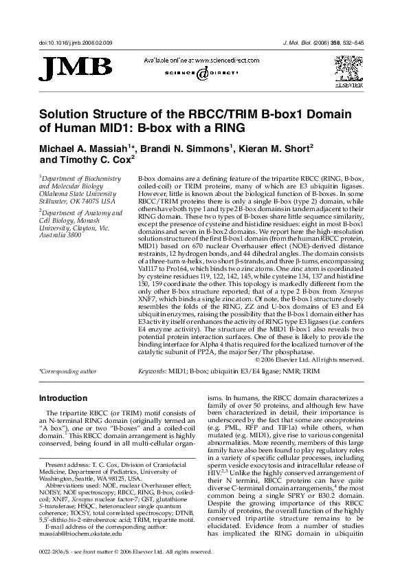 (PDF) Solution Structure of the RBCC/TRIM B-box1 Domain of Human MID1 ...