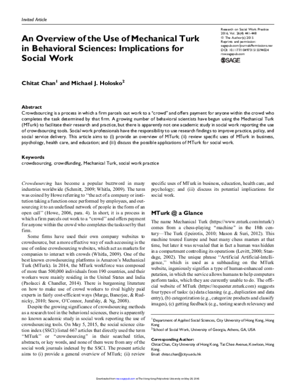 (PDF) An Overview of the Use of Mechanical Turk in Behavioral Sciences