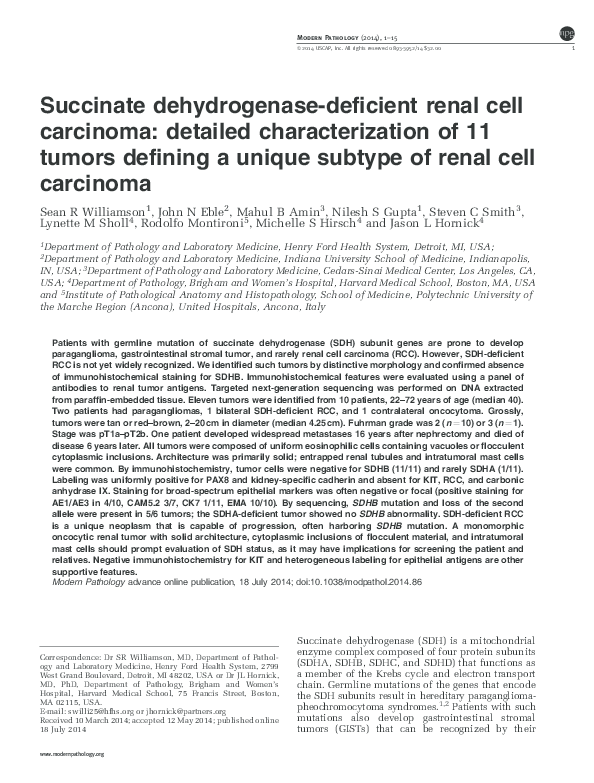 (PDF) Succinate dehydrogenase-deficient renal cell carcinoma: detailed ...