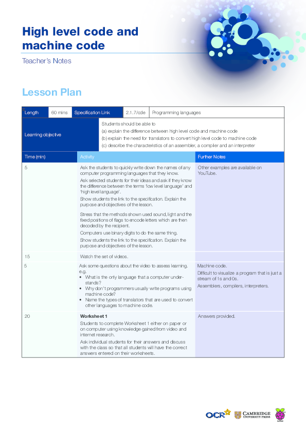(PDF) Lesson Plan High level code and machine code