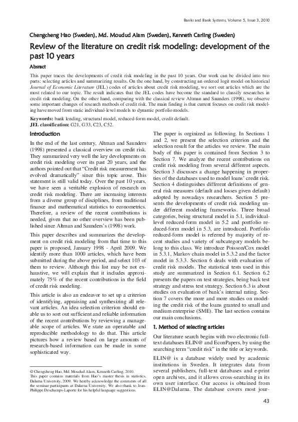 (PDF) Review of the literature on credit risk modeling : development of ...