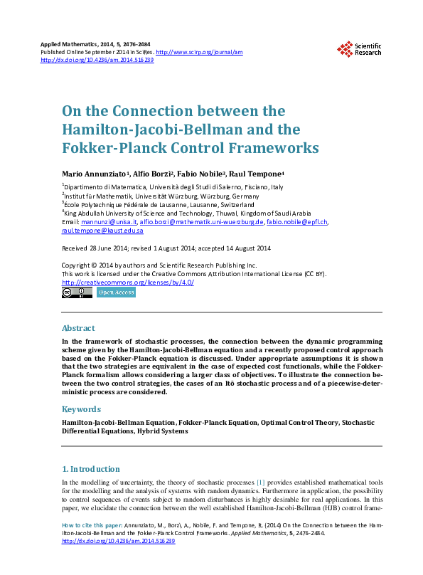 (PDF) On the Connection between the Hamilton-Jacobi-Bellman and the ...