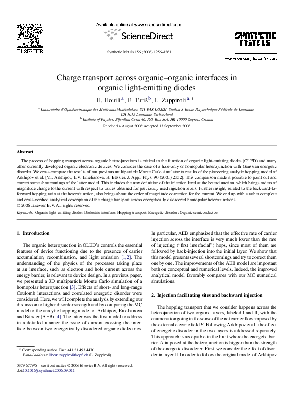 (PDF) Charge transport across organic–organic interfaces in organic ...