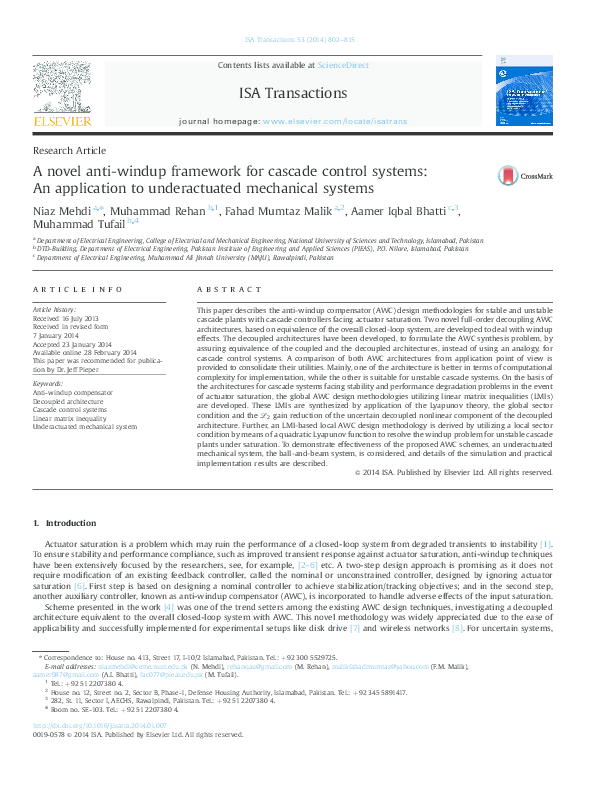(PDF) A novel anti-windup framework for cascade control systems: An ...