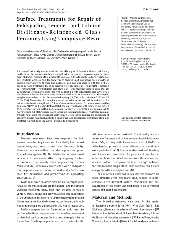 (PDF) Surface Treatments for Repair of Feldspathic, Leucite and