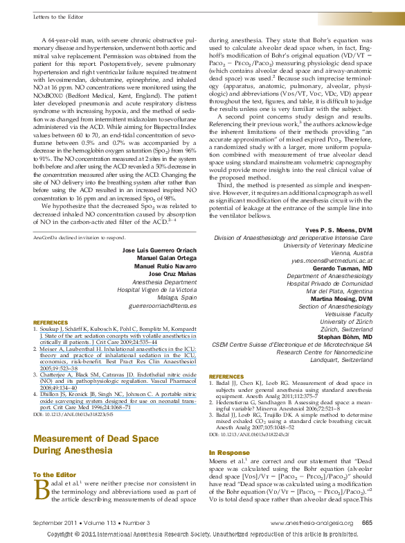 (PDF) Measurement of Dead Space During Anesthesia Yves Moens