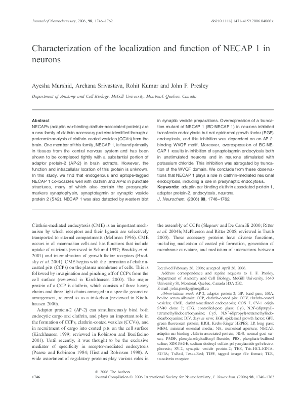 (PDF) Characterization of the localization and function of NECAP 1 in ...