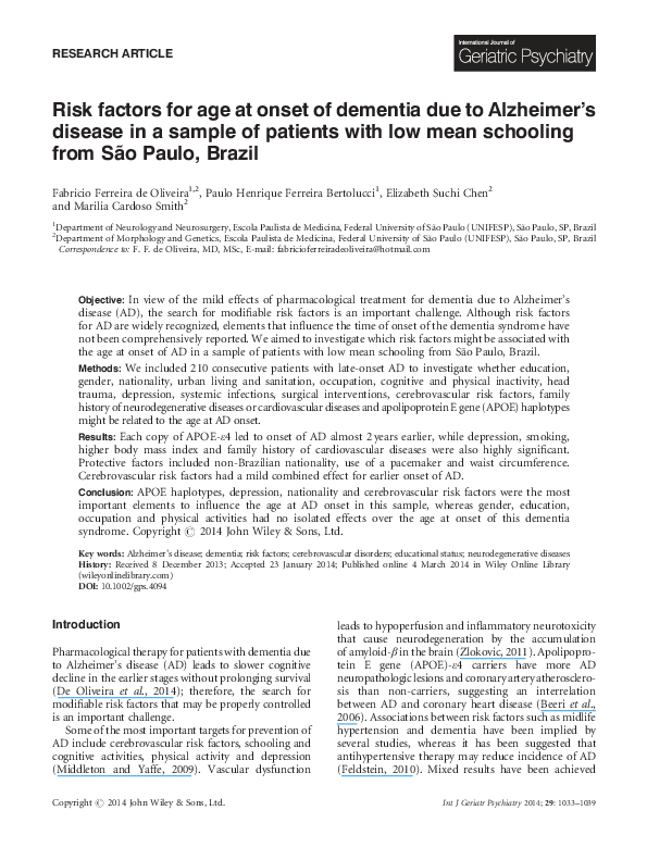 (PDF) Risk factors for age at onset of dementia due to Alzheimer's ...