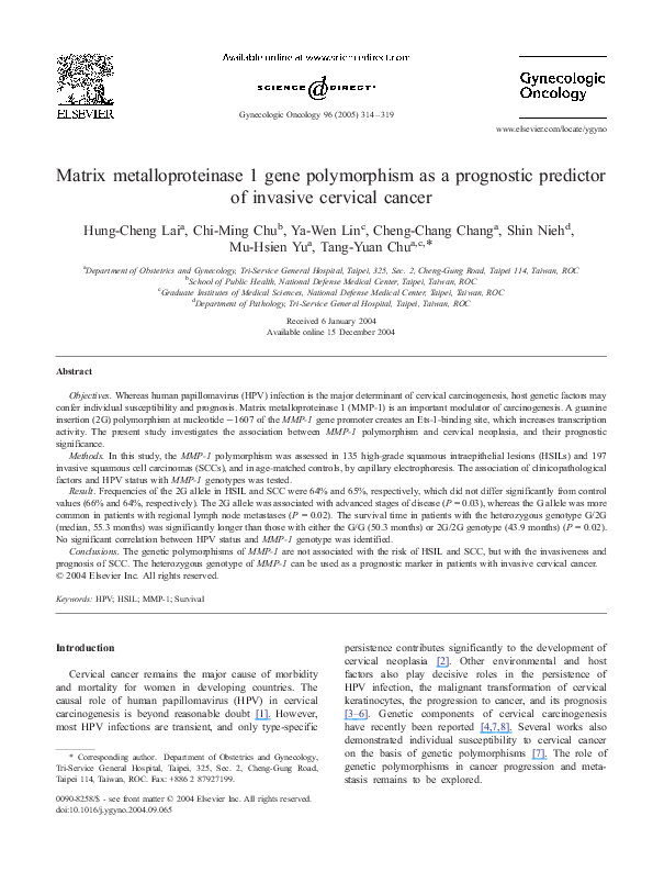 (PDF) Matrix metalloproteinase 1 gene polymorphism as a prognostic ...