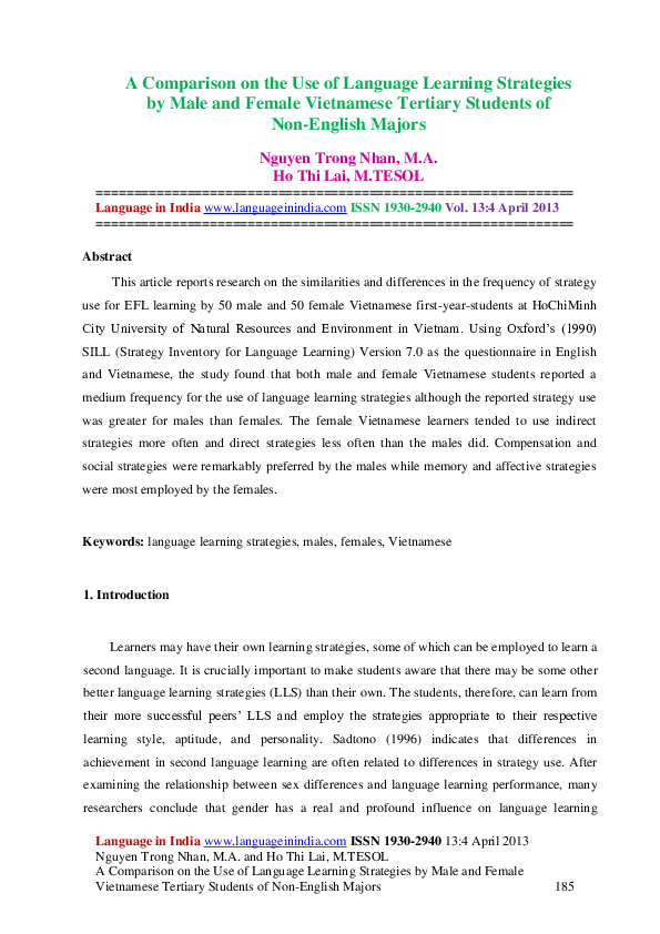 (PDF) A Comparison on the Use of Language Learning Strategies by Male ...